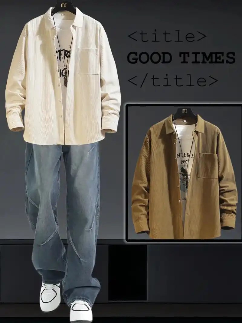 兄弟们,这款港风大码灯芯绒衬衫,宽松的版型与纯色长袖设计相结合