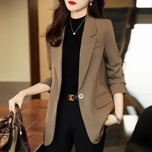 韩版咖啡色西装外套女春秋新款休闲洋气简约百搭显瘦小西服上衣女