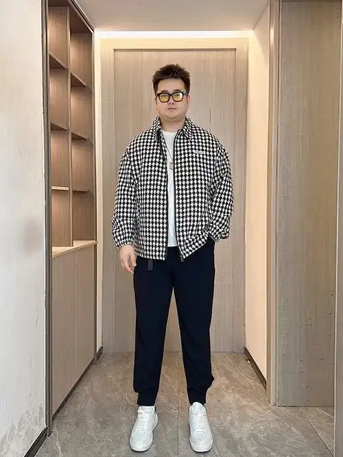 轩森图 微胖男生春秋季千鸟格夹克外套男潮牌上衣帅气轻熟风大码胖子