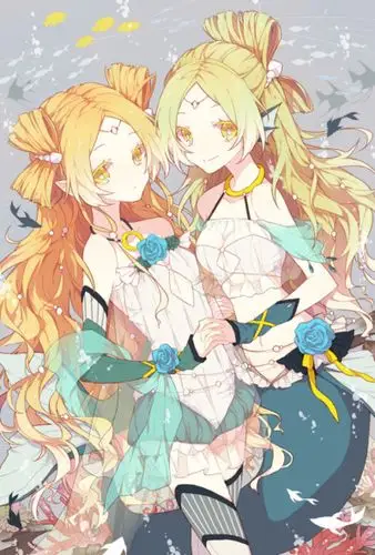 动漫 美图 双生 少女 姐妹 人鱼 黄色 梦幻 长发 壁纸 插画 图集 色彩