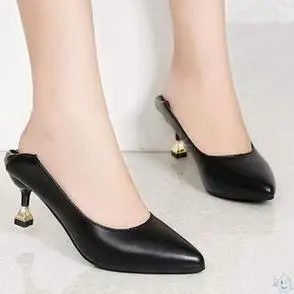 网红单鞋高跟鞋黑色女鞋细跟时头猫中跟跟职业工作鞋软皮尖尚新款