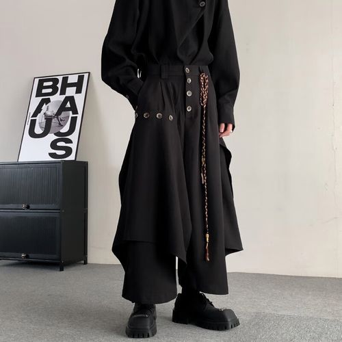 胖胖到家新中式设计感叠穿裙裤男春秋中国风不规则复古宽松阔腿痞帅