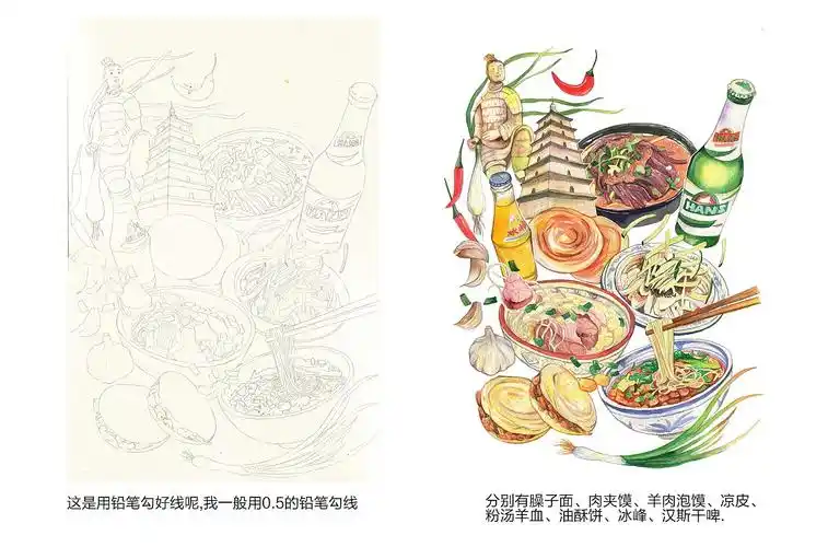陕西西安插画西安美食西安建筑陕西八怪