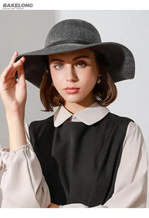 复古气质淑女圆顶卷边时尚英伦风大檐帽皮带扣礼帽波浪边帽子海军蓝可