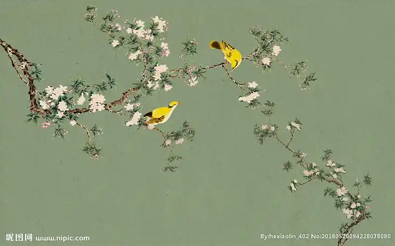 青绿色花鸟背景墙 新中式壁画设计图__背景素材_psd分层素材_设计图库
