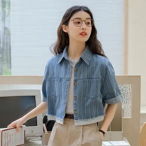 2023年夏季新款港风时尚牛仔polo领短袖女衬衫外套小个子短款上衣