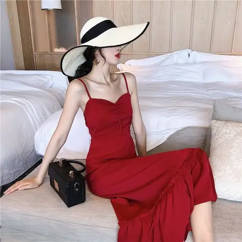 2018夏女装连衣裙新款荷叶边度假沙滩长裙性感红色吊带裙h1768