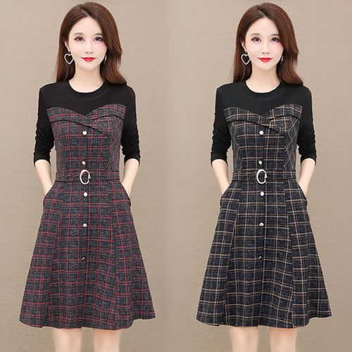 格子连衣裙女2020秋冬新款高贵中年妈妈装百搭假两件打底中长裙子