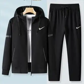 耐克顿纯棉休闲运动服套装男士秋冬青年开衫连帽卫衣跑步服两件 黑色