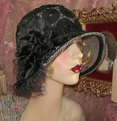 海外代购 欧式女礼帽子1920s vintage唐顿德科 黑色羽毛 钟形女帽