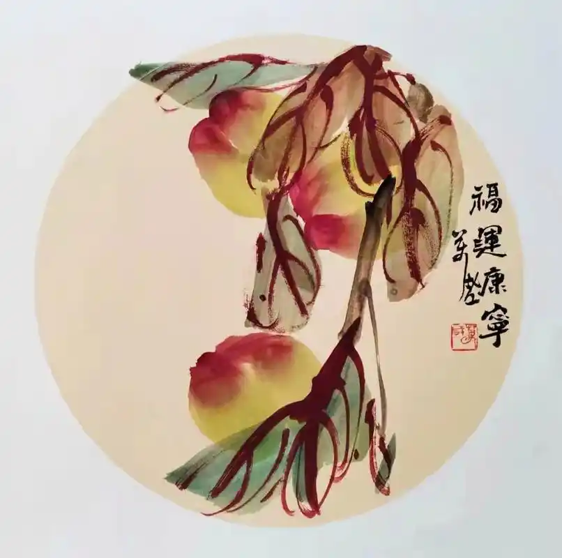 写意花鸟寿桃扇面,福运康宁!