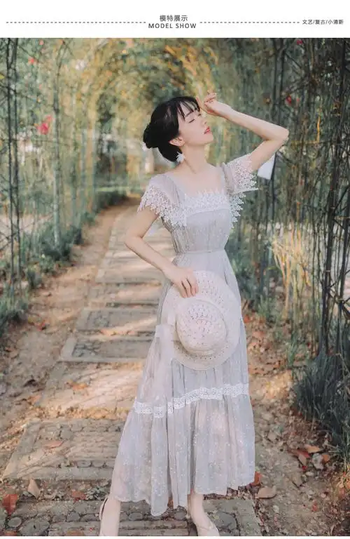 2019夏季新款法式复古裙过膝一字领露肩连衣裙子仙女超仙森系长裙