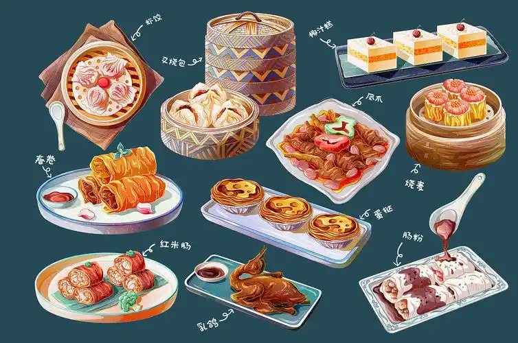 国潮风粤式早茶文化美食小吃插画