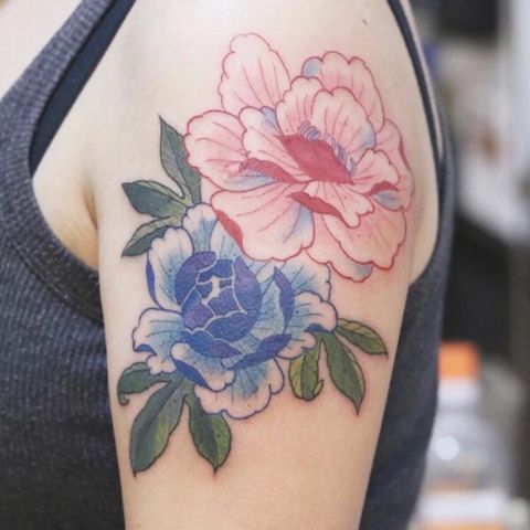 牡丹花 浮世绘 彩色花臂纹身贴