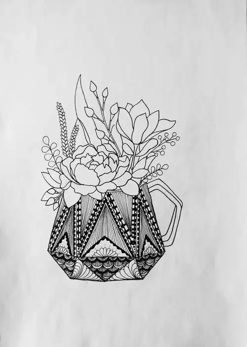 《茶杯花》线描画绘画过程