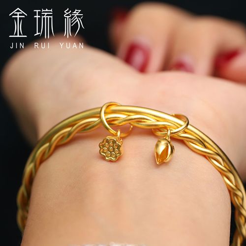 24k黄金古法手镯女 足金999麻花实心双层莲花莲蓬两世欢双圈叠戴