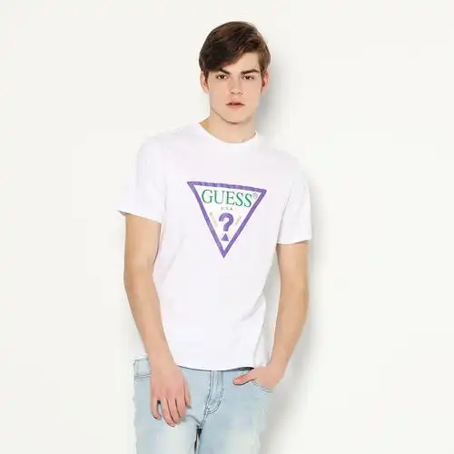 guess 情侣款2019夏男士纯色倒三角logo短袖t恤