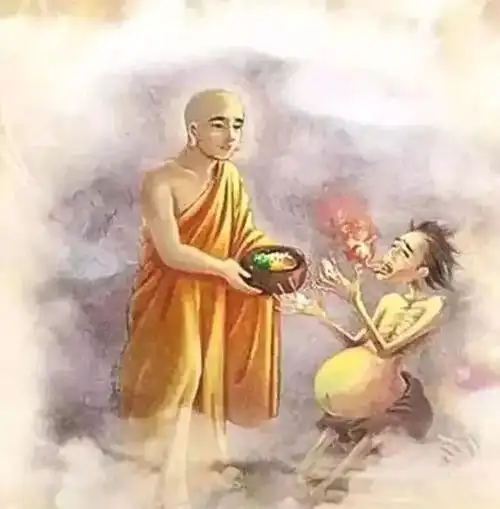 他走在山上,他会撒米给饿鬼道众生,这样有很多饿鬼道众生来吃他的米