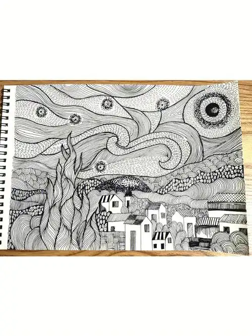 手绘黑白线描风景画星空