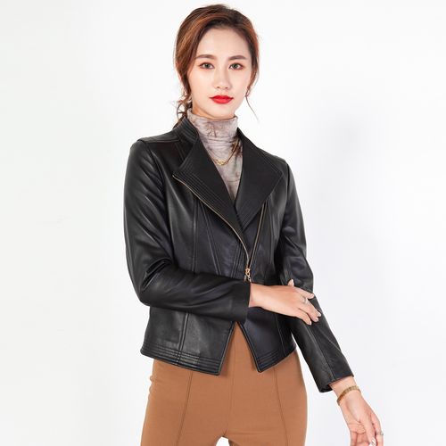 真皮短款夹克秋季款绵羊皮斜门襟拉链机车皮衣外套女