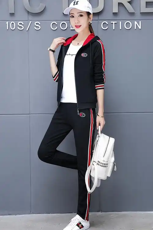 新款运动套装女三件套大码长袖时尚潮卫衣套连帽运动服针织外套