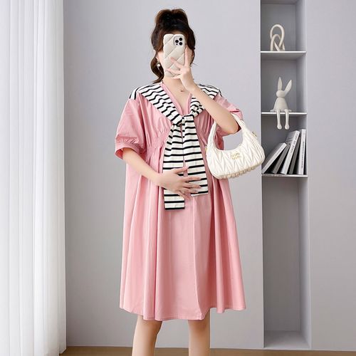 孕妇装夏装时髦连衣裙怀孕宽松y褶皱洋气假两件套衬衫裙上衣200斤