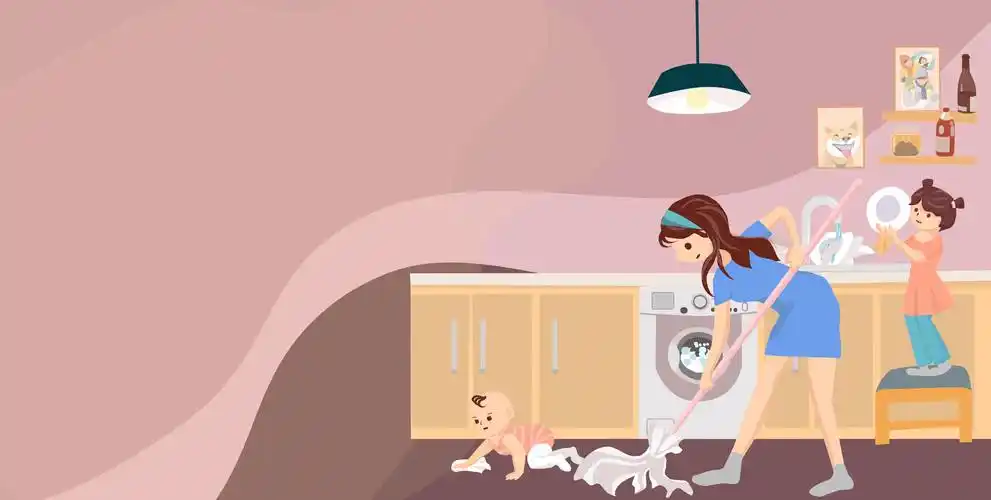 厨房拖地的妈妈孩劳动节母亲节横版矢量插画