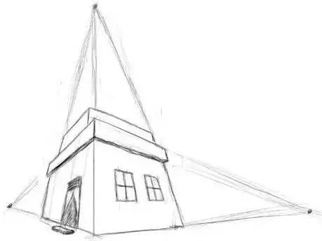 ▼三点透视:(如图所示)一般用于超高层建筑,或者俯视仰视物体,可以