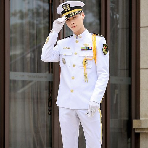 海军风立领单排白色套装船长服海员制服保安工作服套装男团体定制