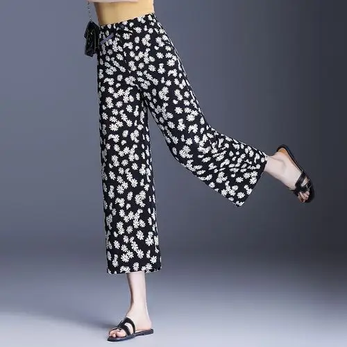 雪纺碎花阔腿裤女潮夏季薄款小雏菊高腰冰丝花裤子九分休闲直筒裤