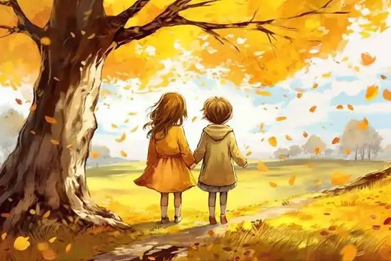 女孩背影水彩ai插画唯美麦田牵手秋天幸福的一家四口手牵着手趴在草地