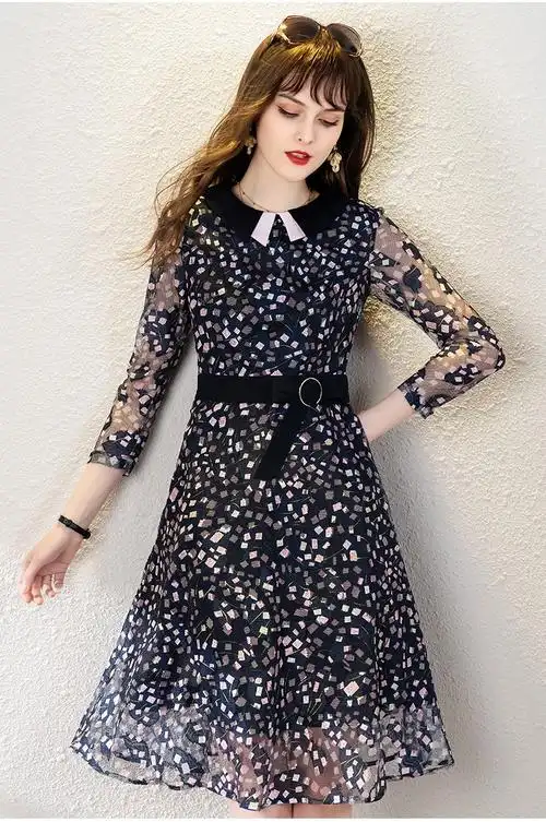 伯莎丹顿品牌女装法式网纱连衣裙女2021春款新款减龄娃娃领收腰显瘦