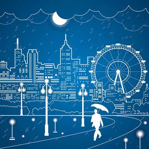 关键词: 城市线描摩天轮人物夜景雨天手绘白色线条