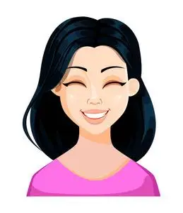 穿着粉红色衬衫的黑发美女笑着的脸表情. 女性情感. 可爱的卡通人物.