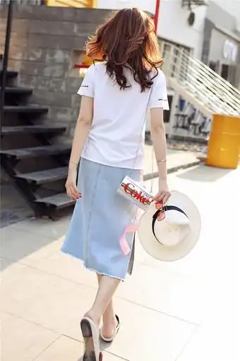 宽松人物印花白t恤女短袖短款牛仔半身裙女中长款铅笔裙包臀裙子