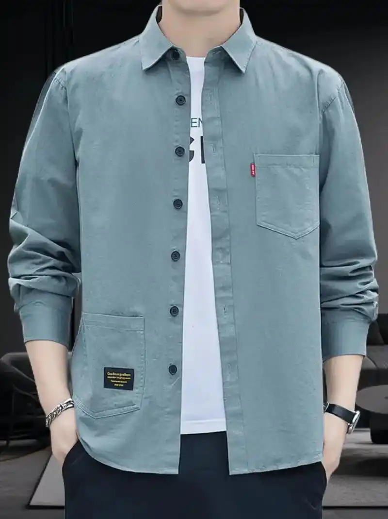 港风工装长袖衬衫,男士休闲宽松版衬衣外套