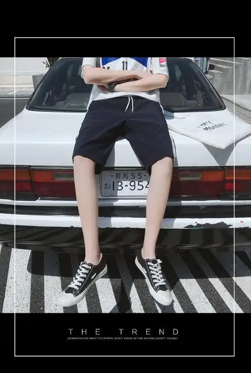 2018夏季男侧边条纹休闲裤短裤修身纯色松紧腰韩版潮流运动中裤