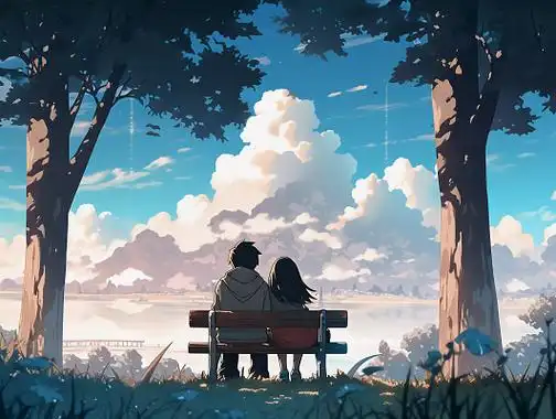 情侣紧挨着坐在一起的背影唯美浪漫情人节爱情双人手绘插画温馨氛围感