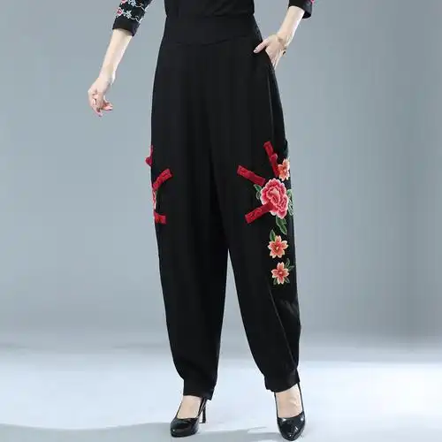 春秋中老年女裤民族风刺绣棉麻阔腿灯笼裤长裤宽松中老年女装