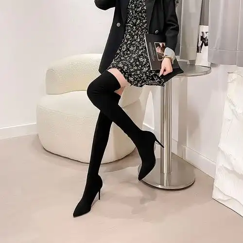 长筒过膝靴弹力感高跟绒面黑色长靴女2023新款秋冬性感细跟尖头