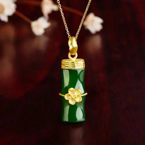 中国黄金足金和田玉竹节吊坠