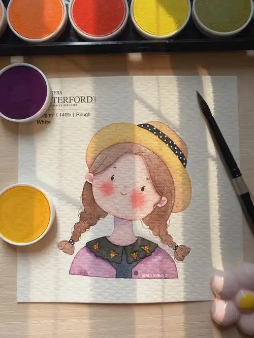 水彩手绘森系复古小女孩