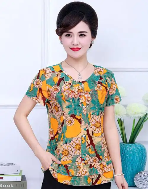 胖妈妈夏装短袖t恤女中老年女装夏季宽松雪纺衫中年妇女上衣服装 1号