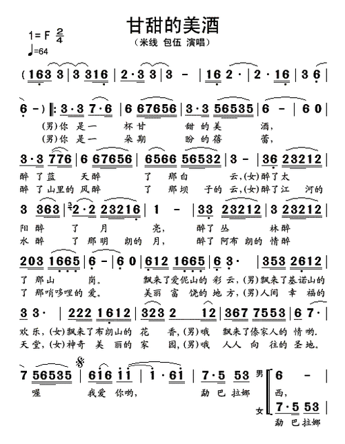 包伍,歌曲名称为甘甜的美酒(修正歌词),歌谱类型为简谱
