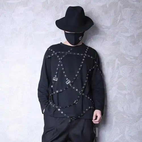 潮牌男士圆领长袖t恤宽松个性嘻哈重金属风铆钉布带打底衫演出服