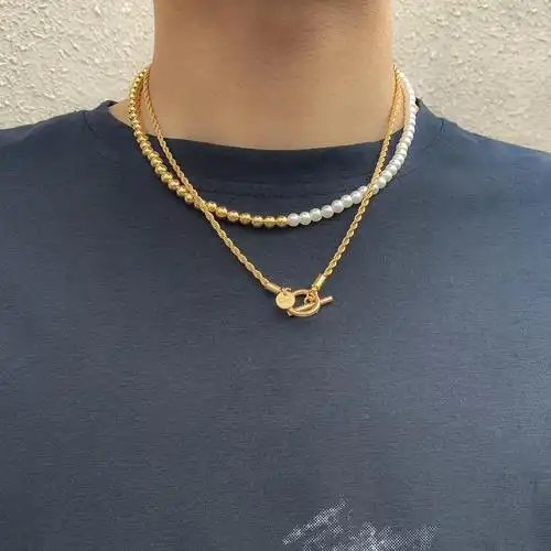 亚马逊外贸热销男士饰品 欧美风时尚百搭设计感双层拼接珍珠项链