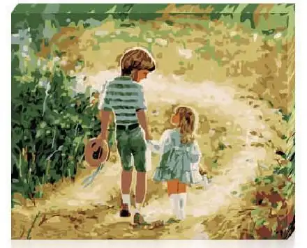 特价 数字油画 人物 兄妹情深 牵手 diy手绘油画 装饰画 礼物