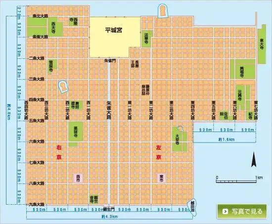 天皇的新都平城京被选在日本奈良县的西部,由东西4.3km,南北4.
