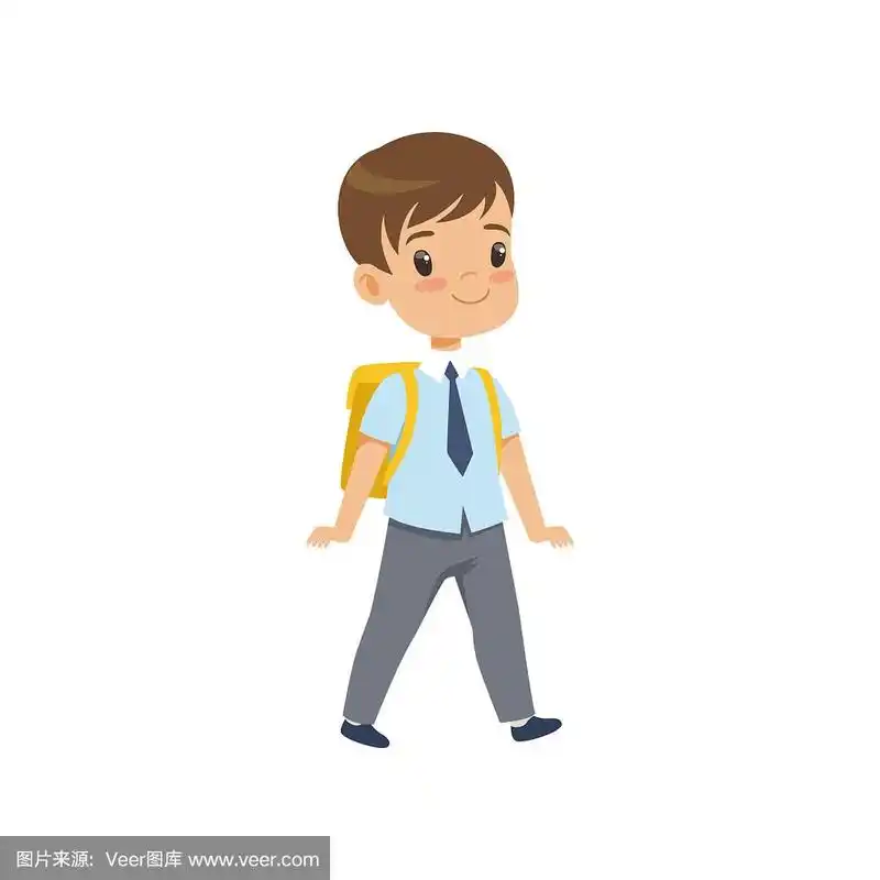 可爱的小男孩背着书包走路,小学生穿着校服在学校学习矢量插图在白色
