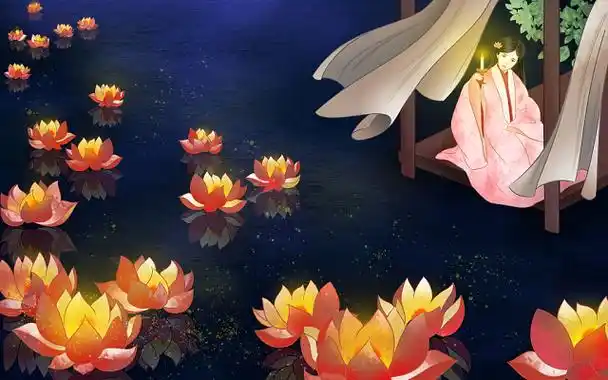 放河灯少女古风卡通人物中元节背景插画素材